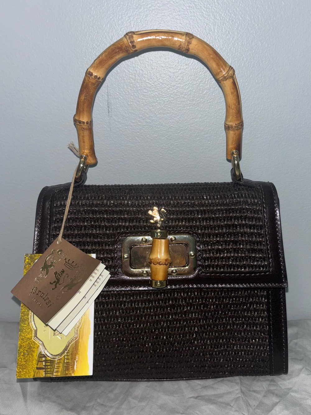NEW Pratesi Firenze Dark Brown Woven Satchel with Bamboo Handle